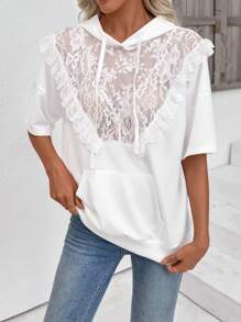 SHEIN LUNE Áo nỉ trùm đầu ren tương phản màu trắng của Nhật Bản có viền ren thời trang thu đông - trắng - Xem 6