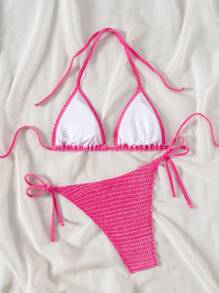 Swim Mod Set Bikini Halter Warna Pink dengan Tekstur Polos dan Bantalan yang Dapat Dilepas untuk Wanita, Cocok untuk Liburan Pantai Musim Panas - Hot Pink - View 5
