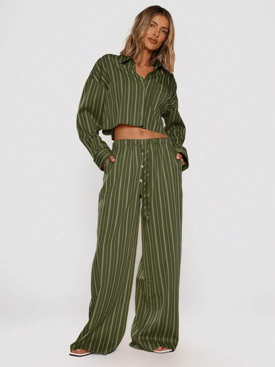 MUSERA Quần ống rộng cạp chun, chỉ bán riêng quần dài, thích hợp cho mùa hè, đi nghỉ mát, kẻ sọc dọc, chất liệu giả vải lanh, phong cách thường ngày, công sở, mùa thu. - xanh quân đội - Xem 1