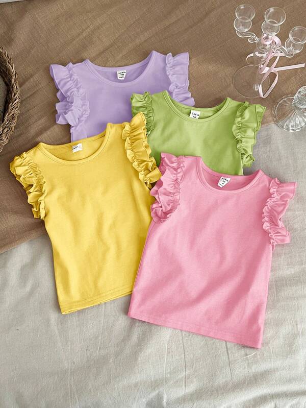 SHEIN LMoss Kids 4pcs Young Girl Solid Color Round Neck Ruffle Trim Fitted T-Shirt Set
