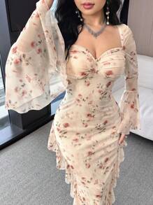 Feyla 女式花卉印花甜心领喇叭袖优雅连衣裙 - 彩色 - 查看 3