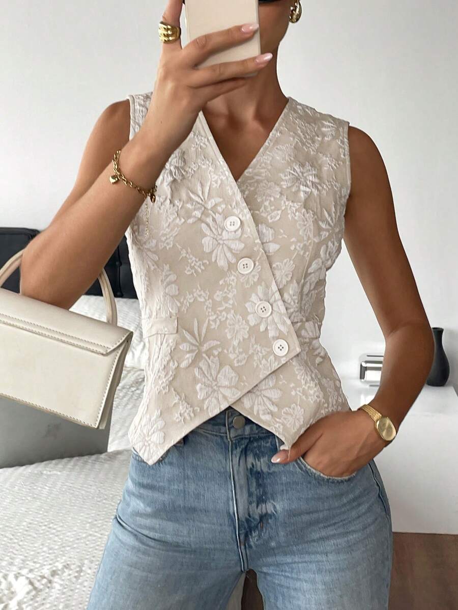 Serisse Áo vest thời trang đơn hàng khuy đơn dệt hoa jacquard dành cho nữ - Màu be - Xem 1