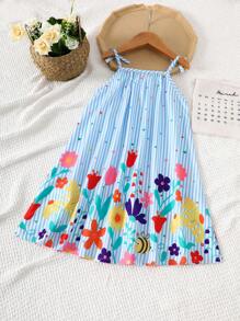 Sparklyn Young Girls Floral Print Casual/Holiday Spaghetti Strap A-Line Dress - Blue - View 2