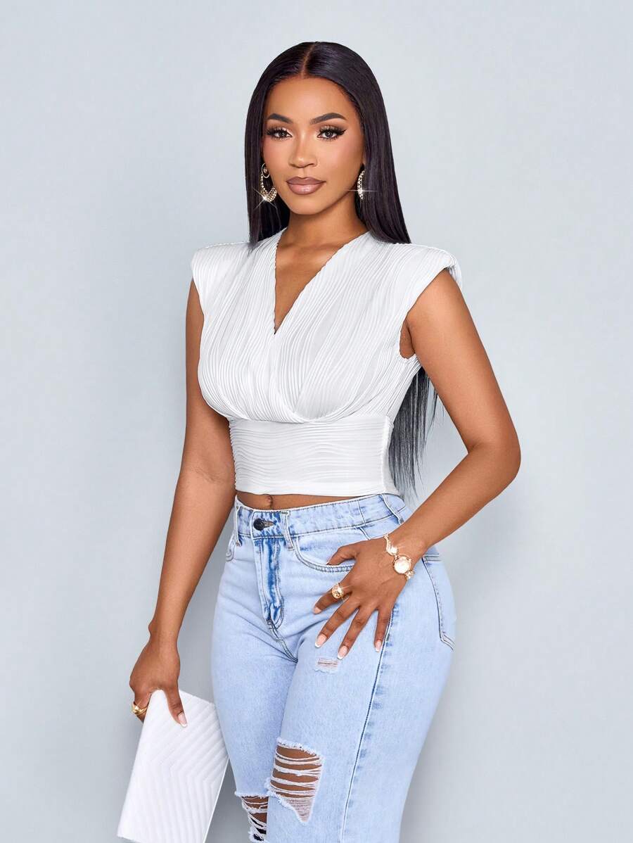 SOLERSUN Women's Spring Summer Fashionable Elegant White Solid Color Shoulder Pad Ruched Detail V Neck Tank Top - White - View 1