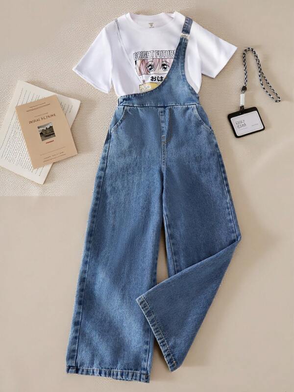 SHEIN Tween Girls Summer Casual Cartoon Print Short Sleeve T-Shirt And Denim Bib Shorts Set Outfit For Girls