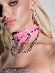 ROMWE Grunge Punk 1pc Gothic Exaggerated PU Leather Choker Necklace, Punk Street Wear Metallic Chain Pendant Collar Necklace