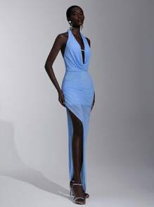 Elitara 优雅水蓝色垂坠领口露背性感开衩下摆透视网眼鱼尾伴娘礼服 - 淺藍色 - 查看 7