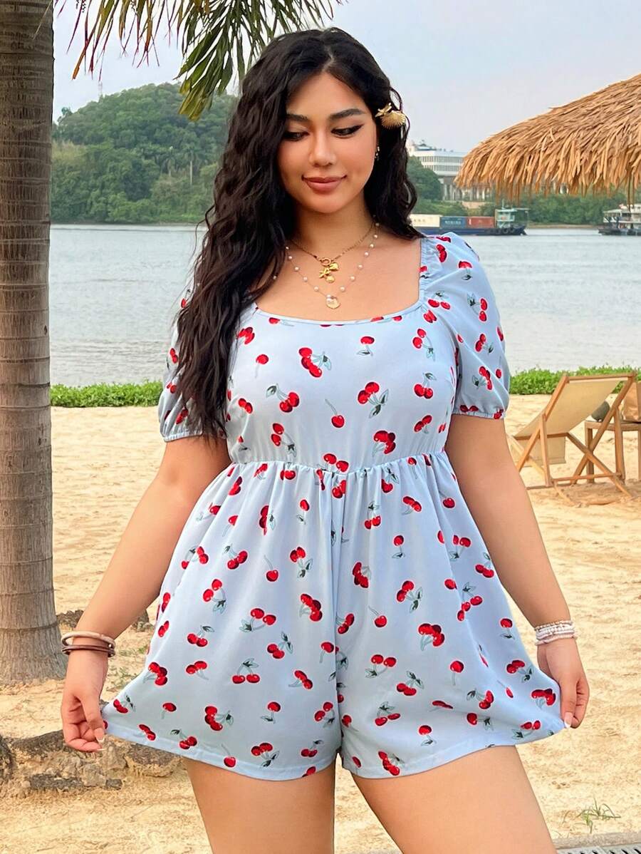 SHEIN EZwear 大码女式樱桃印花方领短袖连体裤 - 藍色 - 查看 1