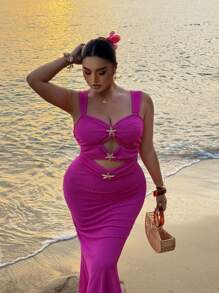 Sunnyshic 大码女式纯色面料方领无袖胸前海星金属饰边镂空腰部中长连衣裙，夏季连衣裙，节日，派对，日常 - 玫紅色 - 查看 5