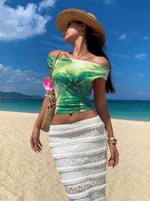 Glamine 橙色优雅印花短袖弹力针织网眼女式T恤 - 綠色 - 查看 5