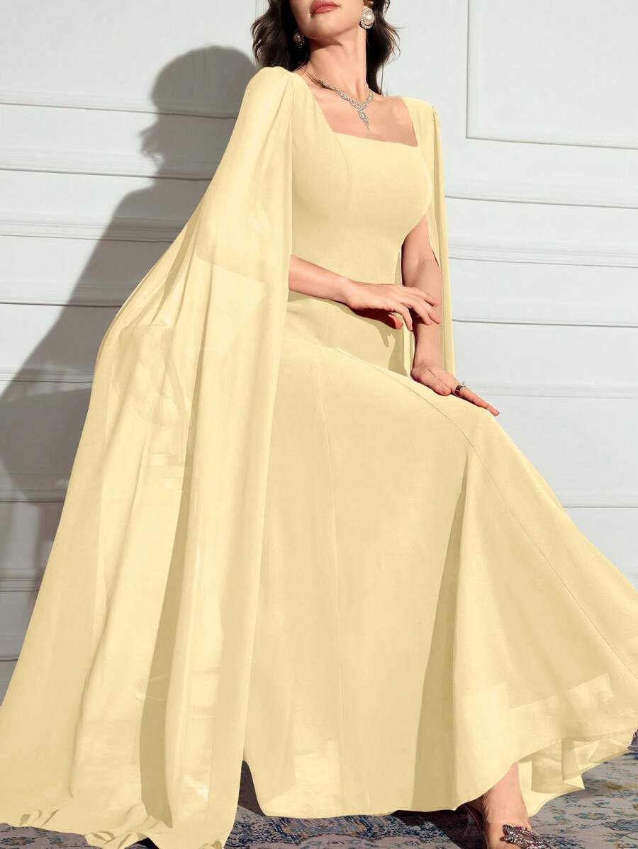 Modelyn Đầm dài đơn giản cổ vuông màu trơn cho nữ, đầm dạ hội dài - Màu vàng - Xem 1
