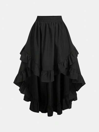 SHEIN Girlism Teen Girls's Black Ruffle Hem Skirt, Retro Black Layered A-Line Skirt,Easter,Music Festival,Graduation Season,Back-To-School Outfit,Cute,Holiday Family Outdoor Spring Picnic Everyday Wear, Suitable For Various Occasions