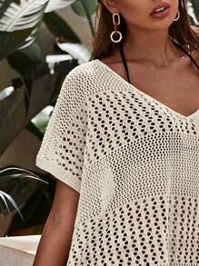 SHEIN Swim Vcay Áo choàng đan móc màu be, cổ chữ V, tay ngắn, trang phục đi biển giản dị thanh lịch cho mùa xuân và mùa hè, lễ hội âm nhạc - Màu be - Xem 3