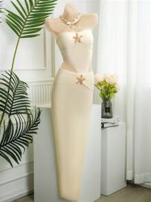 Bonvoyette 女士夏季泳池派对白色沙滩罩衫，带金色海星装饰，优质面料，成熟女士泳衣裙，沙滩装 - 白色 - 查看 3