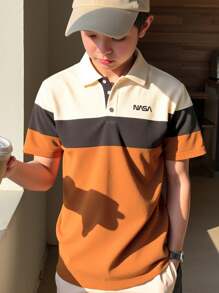 Camisa tipo polo de manga corta con cuello, estampado de letras y bloques de color para niño preadolescente, para uso casual diario y golf