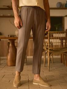 Mainfolk Men's Casual Woven Draw-String Slim Fit Ankle Pants, Fall, Old Money - Brown - View 5