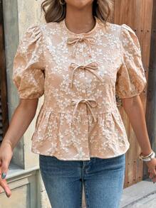 SHEIN Clasi Women's Front Tie Puff Sleeve Embroidered Elegant Vacation Shirt - Khaki - View 3
