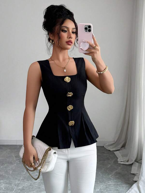 Elenzga Nueva camisa de mujer de unicolor, elegante, de verano, con botón grande de metal, sin espalda, con corbata, de corte ceñido y sin mangas