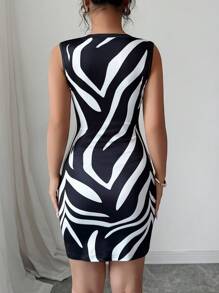 Elenzga 女士无袖修身短款斑马纹连衣裙 - 黑色 - 查看 2