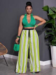 Slaydiva Pantalones largos de mujer de talla grande con estampado a rayas, ideales para festivales de música, fiestas y vacaciones - 2025 Nueva Moda