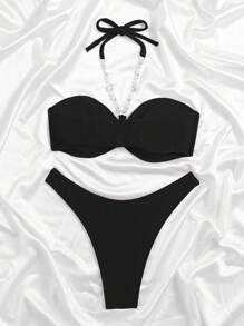 SHEIN Swim Women Bikini Sets Cincin Tie Back Ruched Bust Plain Seksi - Hitam - View 2