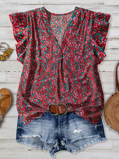 SHEIN Clasi Camisa holgada con cuello en V, mangas cortas y estampado de flores pequeñas rojas para mujer de talla grande, ideal para vacaciones, salidas y uso casual en verano