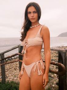 WESTFADE 牛仔格子格子圆领蝴蝶结系带流苏前西部比基尼上衣夏季纳什维尔牛仔竞技节波西米亚海滩 - 棕色 - 查看 5