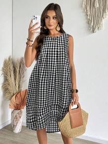 EMERY ROSE Women's Plaid Print Round Neck Ruffle Hem Sleeveless Mid-Length Dress - Black - View 3