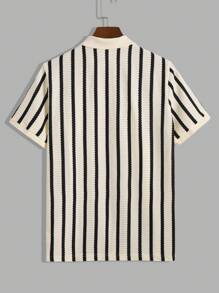SHEIN 条纹钩针青少年男童休闲衬衫，舒适、时尚、百搭，适合海滩度假、上学、日常穿着和春夏季 - 黑與白 - 查看 3