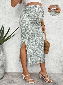 SHEIN Maternity Ditsy Floral Adjustable Waist Side Slit Hem Fitted Skirt, Vacation Style ,Maternity Floral Skirt