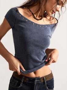 Bohemela Vintage American Casual Solid Color Washed Knit Rivet Off-Shoulder Women T-Shirt - Grey - View 3