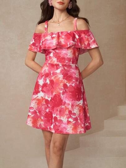 SHEIN Clasi Vestido de línea A con borde de volante y estampado floral para mujer