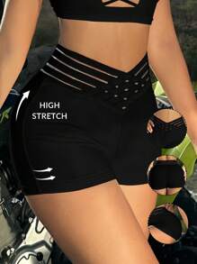 SHEIN SXY Summer Low-Rise Women's Sexy Mesh Splice Leggings - Black - View 1