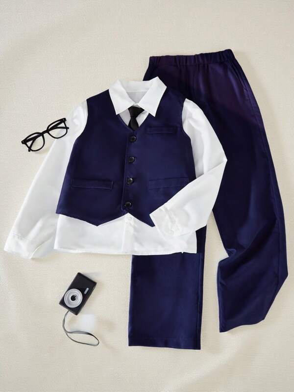 SHEIN 3pcs Tween Boys Formal Vest, Pants And Shirt 3-Piece Suit Set Young Boy Suit