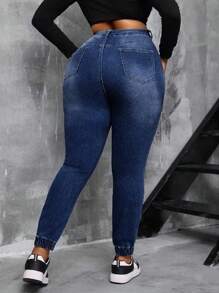 SHEIN SXY Plus Size Denim Stretch Skinny Jeggings With Elastic Waist And Printed Design