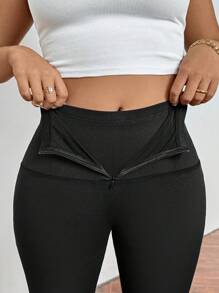 Firerie Plus Size Casual High Waist Elastische Zwarte Flared Broek Met Ritszak, Geschikt Voor Lente, Zomer, Herfst, Dagelijks Woon-werkverkeer En Sport