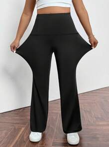 Firerie Plus Size Casual High Waist Elastische Zwarte Flared Broek Met Ritszak, Geschikt Voor Lente, Zomer, Herfst, Dagelijks Woon-werkverkeer En Sport