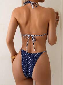 Swim Vcay 新款女式波尔卡圆点印花金属装饰系带条纹时尚性感比基尼两件套泳衣 - 彩色 - 查看 5