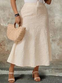 Breezaya Plus Size Women Solid Color Minimalist Jacquard Fabric Skirt - Apricot - View 3