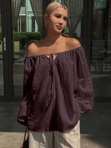 Livesso New Summer Loose Casual Beach Vacation Style Women Shirt Linen,Fall Clothes Long Sleeve Top Off Shoulder Top - Coffee Brown - View 5