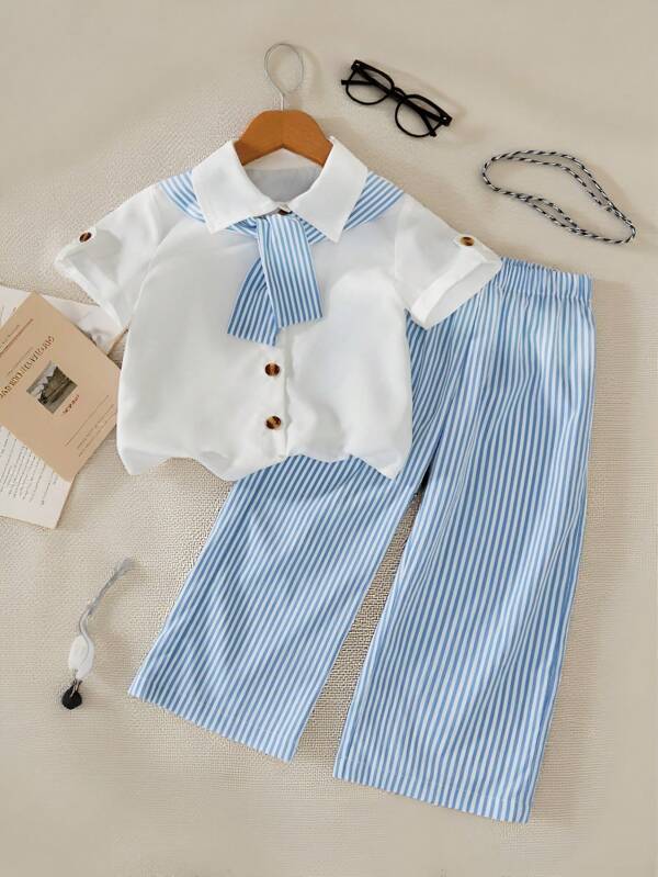 SHEIN Set de cămașă și pantaloni cu dungi în stil preppy pentru băiat tânăr