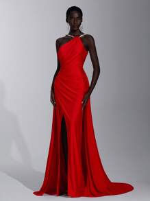 Elitara فستان أنيق وأنيق مع خطوط الماس اليدوية الحمراء بدون أكتاف، سبليت جذاب مع خط A متجمع، ذيل، مناسب لمناسبات المواعدة والحفلات والحفلات المختلطة والرقص وحفلات الزفاف والتخرج والحفلات الرسمية (الطراز الثقيل)، ثوب السهرة للسهرة، للضيوف في الزفاف