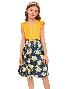 SHEIN Toddler Girls Fake Button Bow Front Floral Dress - Multicolor - View 3