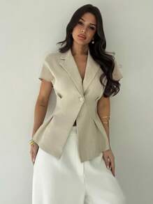 Firerie Veste de blazer en lin à taille cintrée à manches courtes, style décontracté/bureau, en abricot, pour l'été, pour femmes