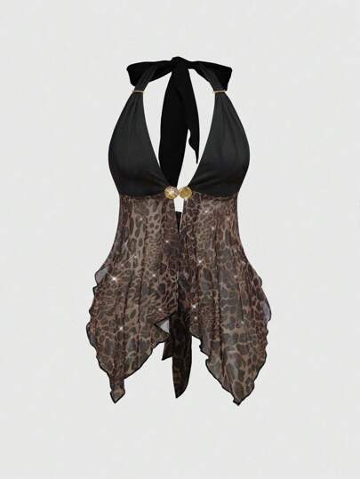 Grunge Punk Sommer Musik Festival Mode - Wild Chic Retro Leoparden Muster mit Strass & Metall Kette Neckholder Enges asymmetrisches Saum Damen Top