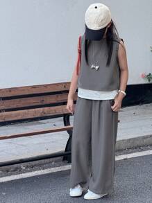 Dazy Kids 2 件套幼儿女童无袖圆领上衣 + 阔腿裤，夏季服装 - 灰色 - 查看 5