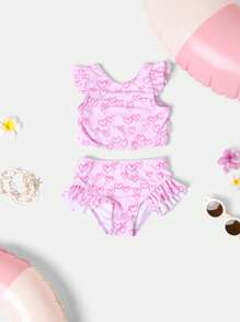 SUMWON 爱心图案印花两件式泳衣，荷叶边袖露脐上衣，高腰泳裤，夏季沙滩泳池度假儿童泳装休闲款 - 粉色 - 查看 1