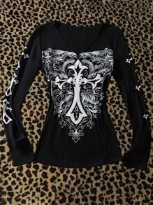 Glimmora Women's Cross Print V-Neck Long Sleeve Casual T-Shirt Fall Cloth For Women