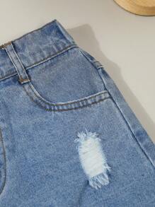 Tween Girl Loose Casual Simple Denim Shorts - Blue - View 3