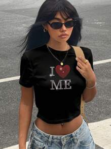 Muchica Camiseta de manga corta de mujer con cuello redondo, decoración de strass, eslogan y estampado de letras, de estilo minimalista casual, adecuada para el verano
